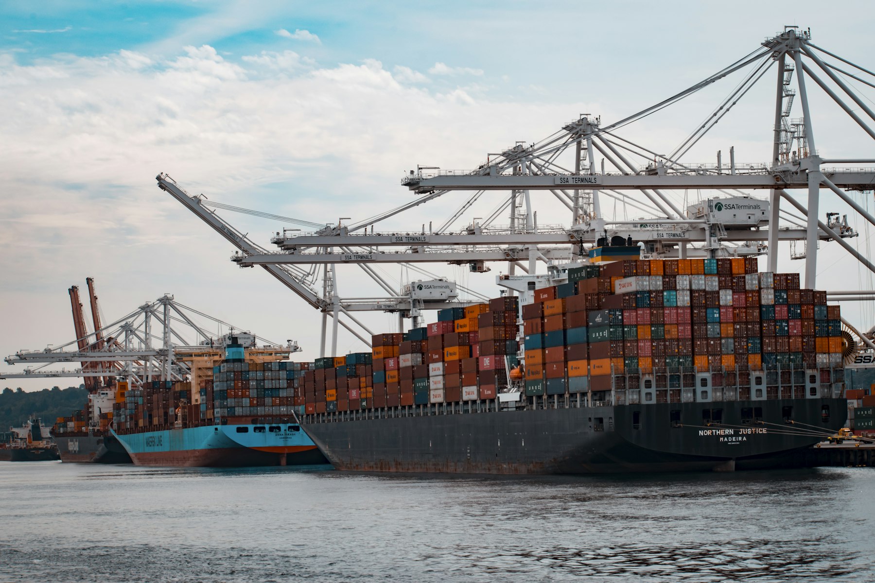 Container vessel carrying international freight at sea